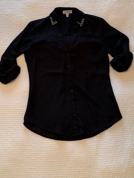 Express Tops - Express | Portofino Jeweled Collar Black Blouse | Size = XS